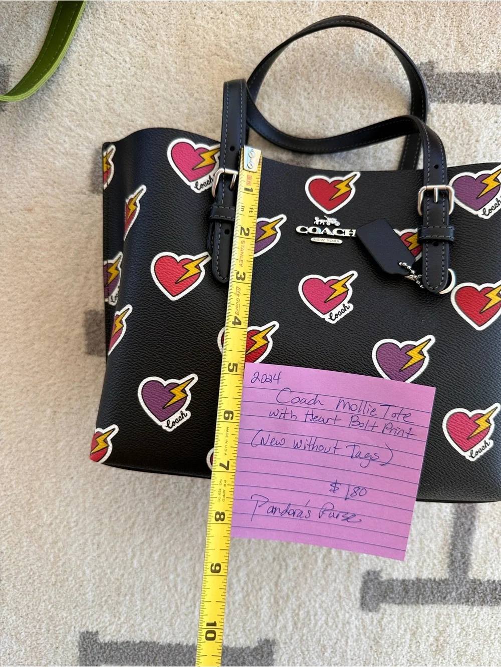 Coach Black Leather Tote with Colorful Heart & Lightning Motif